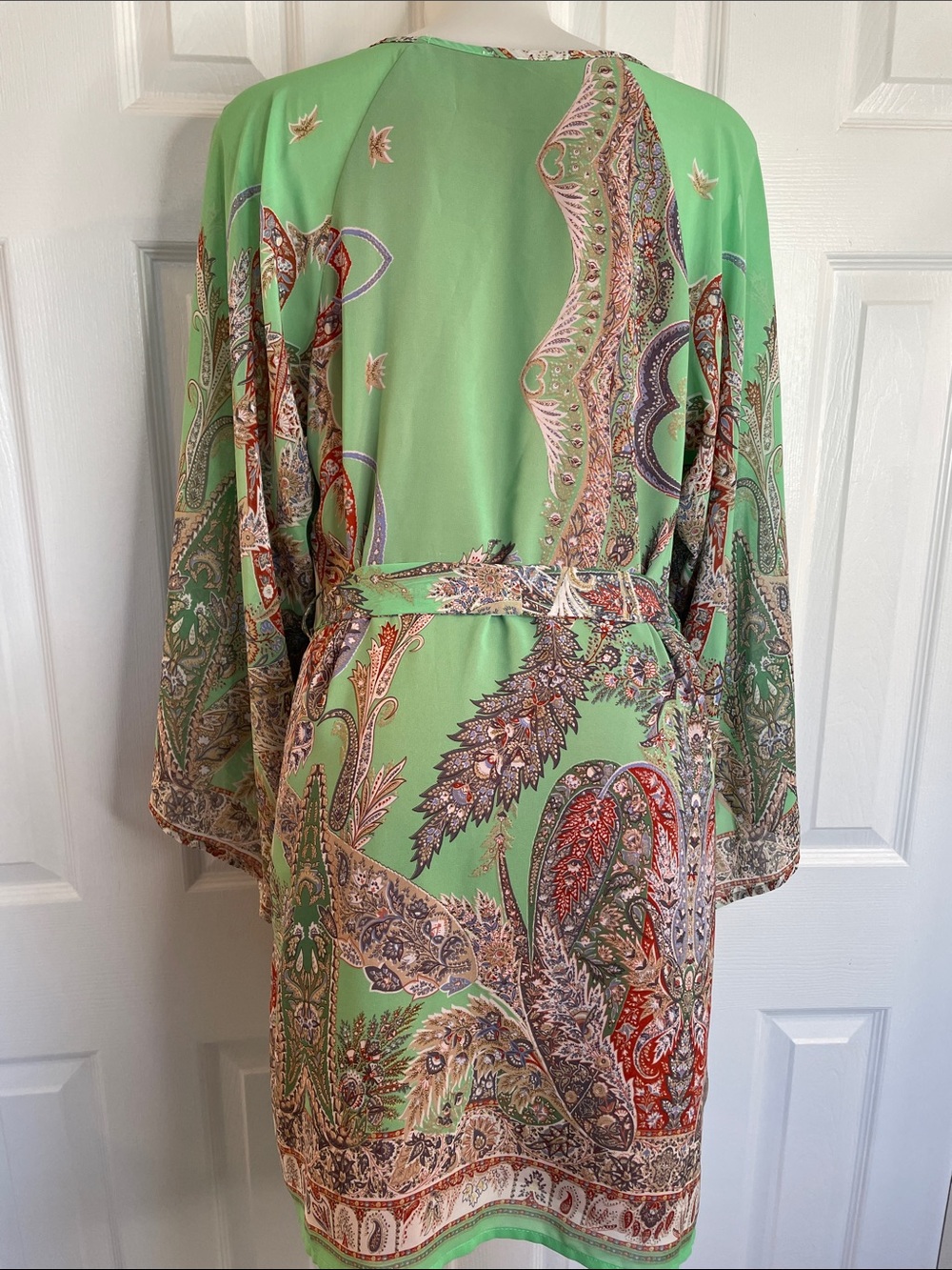 UMGEE GREEN PAISLEY LONG SLEEVE BELTED SHIFT DATE NIGHT VACATION DRESS SZ M - Picture 9 of 14